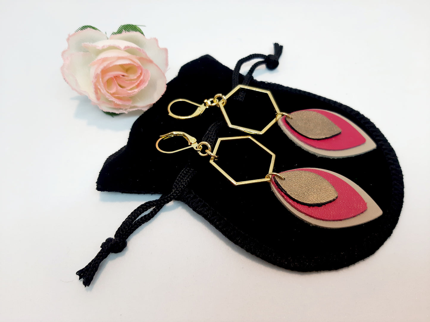 Boucles d'oreilles cuir navettes, hexagone, cadeau femme