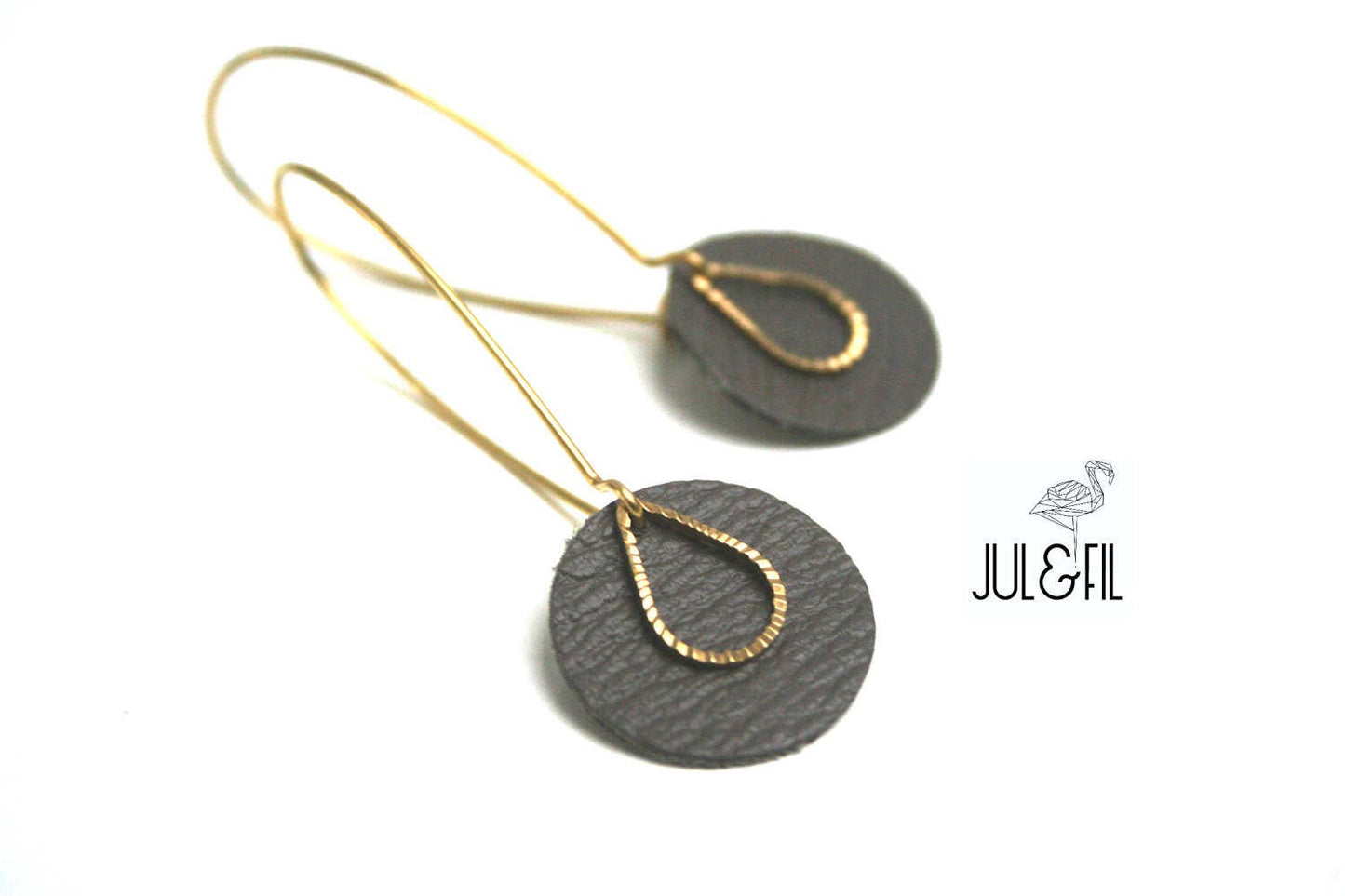 Taupe leather earrings, brass striated drop
