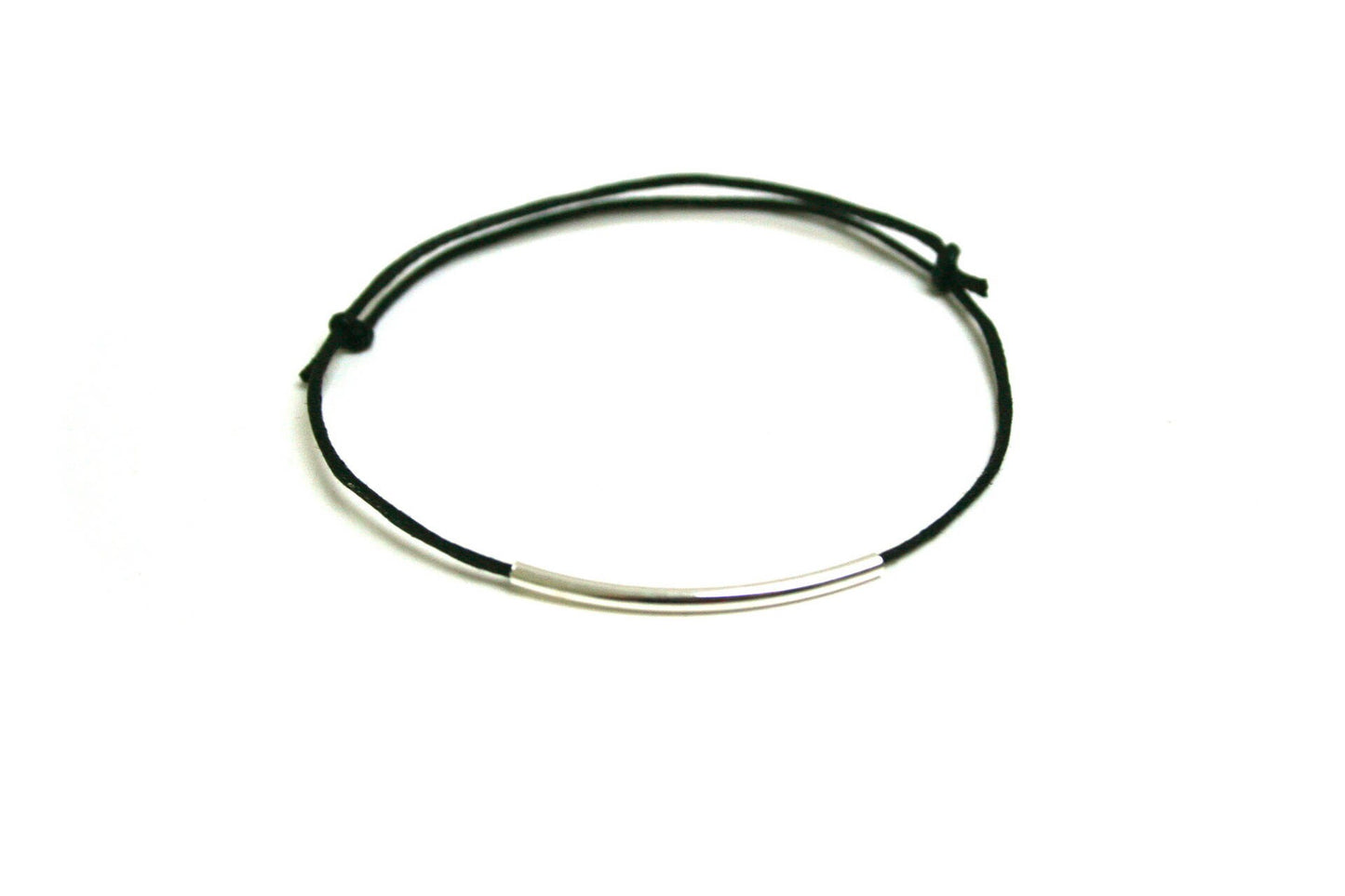 Black leather bracelet with silver brass tube