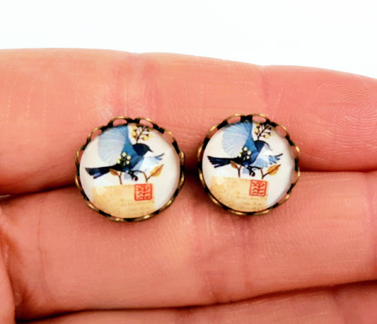 Boucles d'oreilles puces cabochons oiseaux