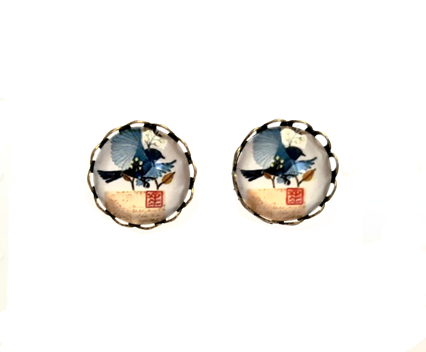 Boucles d'oreilles puces cabochons oiseaux