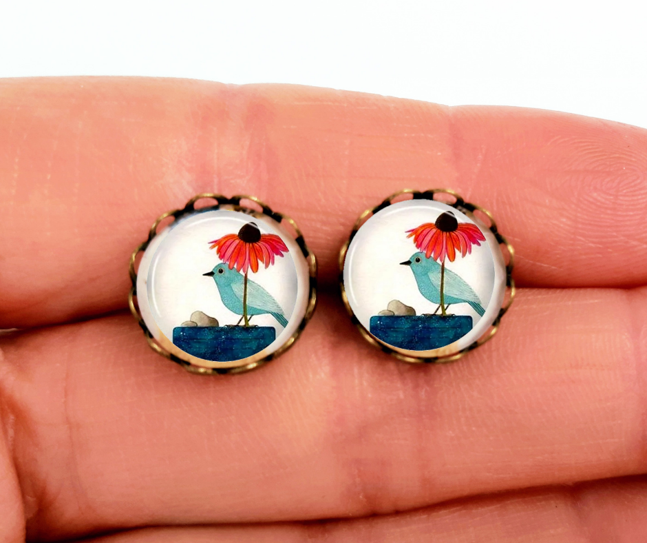 Boucles d'oreilles puces cabochons oiseaux