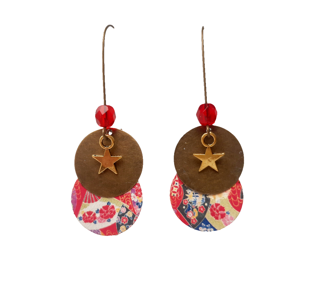 Boucles d'oreilles créateur bronze tissu japonais