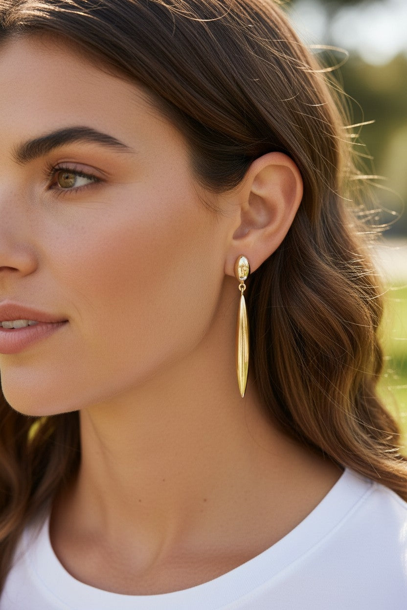 Longues boucles d'oreilles gouttes allongées or fin 14K
