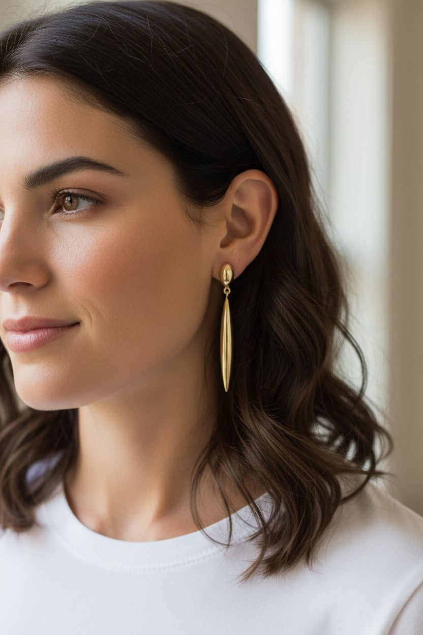 Longues boucles d'oreilles gouttes allongées or fin 14K