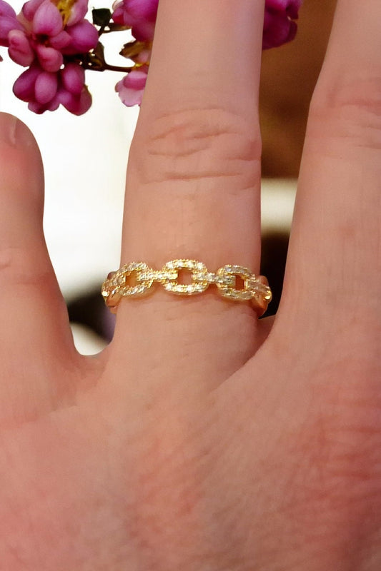 Bague dorée or fin maillons strass