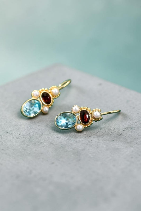 Dormeuses antiques dorées or fin 14k pierres grenat turquoise perles nacrées