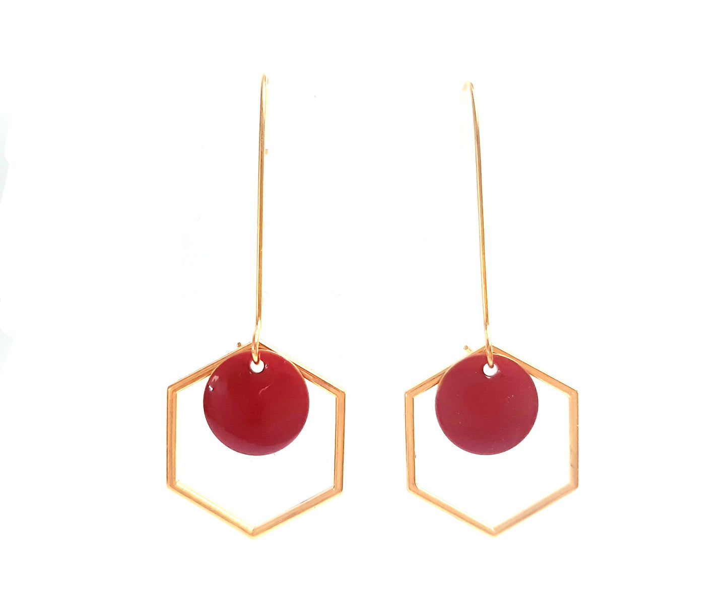 Boucles d'oreilles hexagone sequin émail rouge