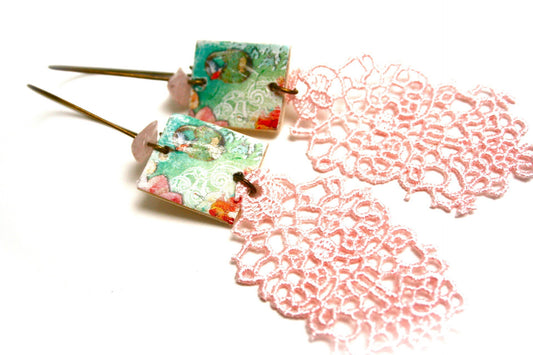 Romantic wooden lace quartz earrings