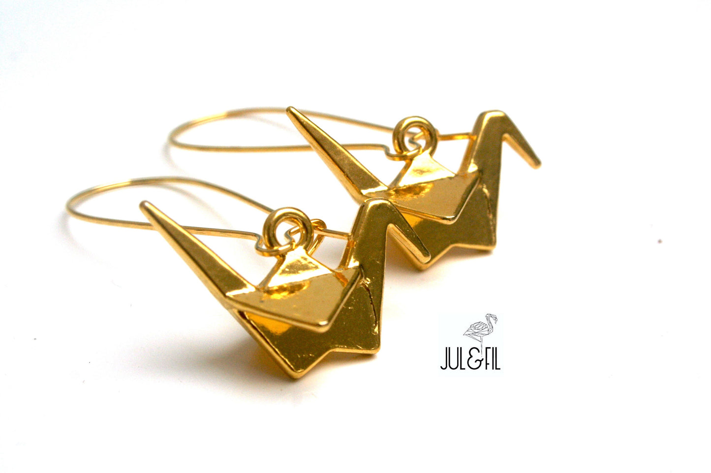 Japanese crane earrings in gilded brass