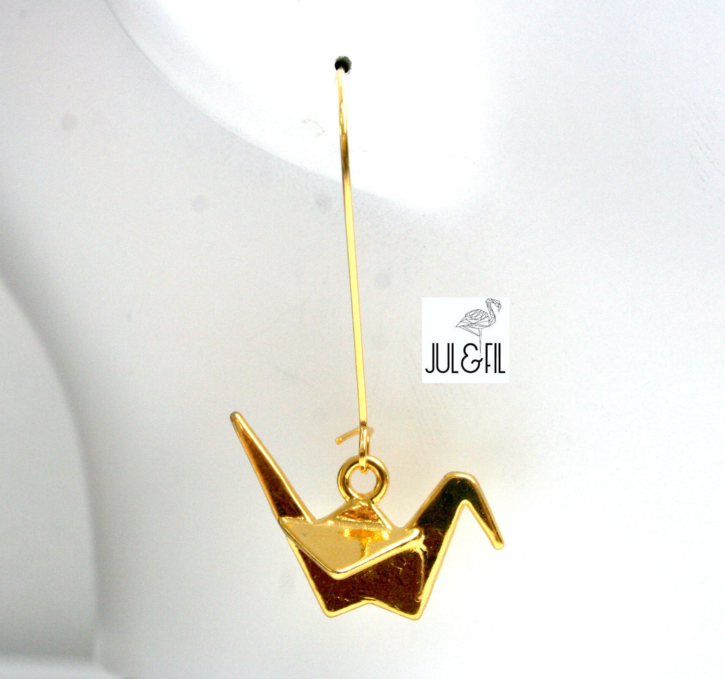 Japanese crane earrings in gilded brass