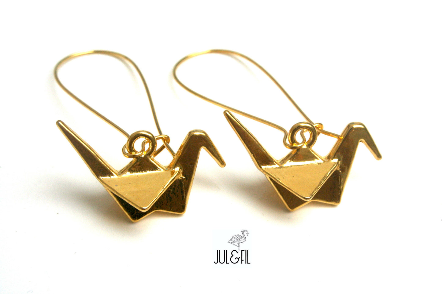 Japanese crane earrings in gilded brass