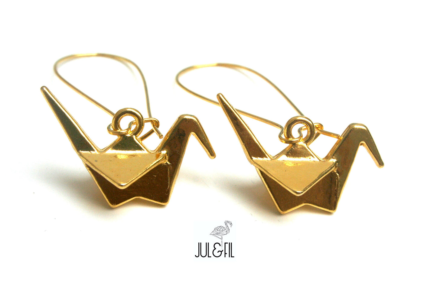 Japanese crane earrings in gilded brass