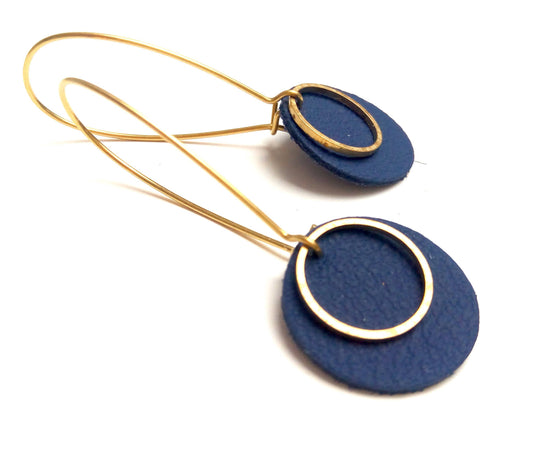 Navy blue leather pop earrings without chrome