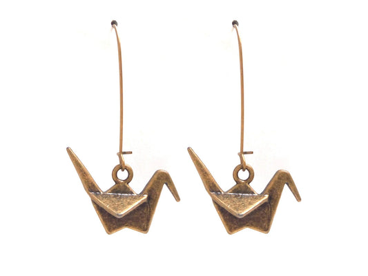 Japanese crane earrings in bronze brass