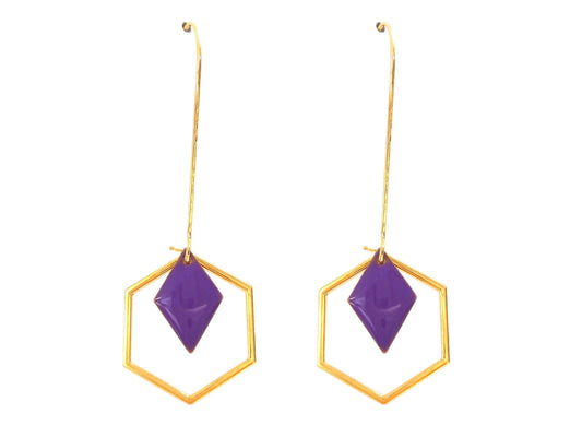 Art deco earrings hexagon sequin enamelled purple diamonds