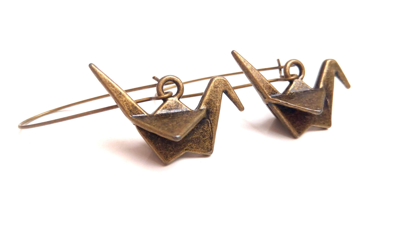 Japanese crane earrings in bronze brass