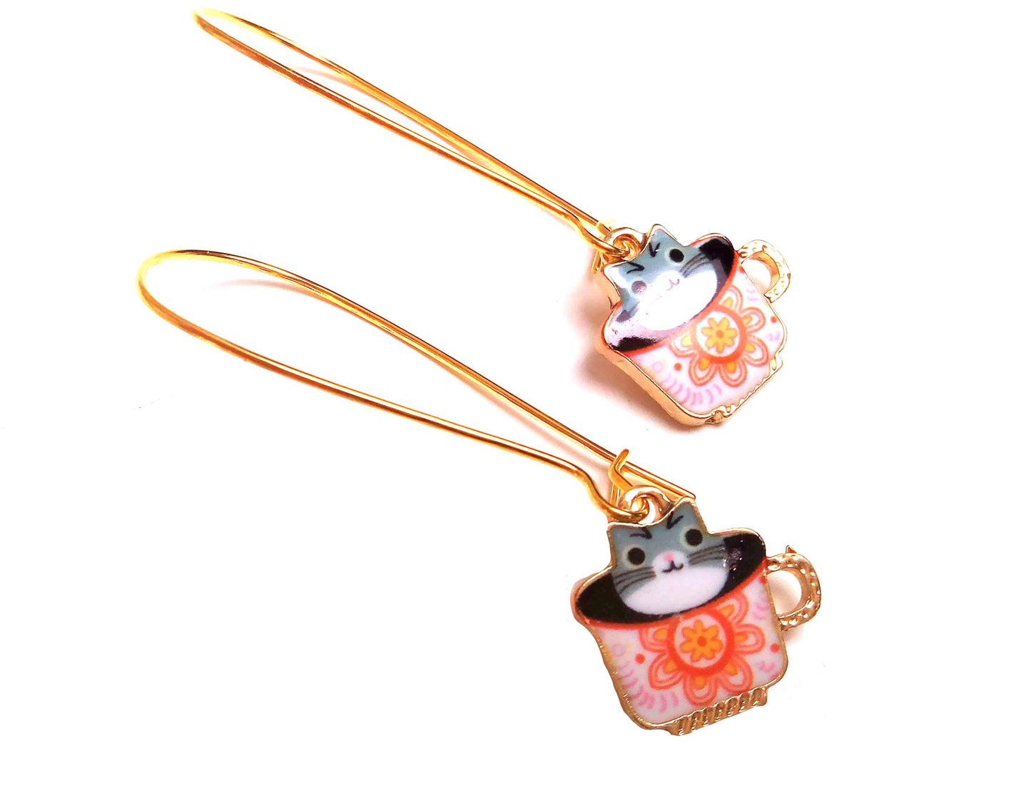 Enamel tea cat earrings