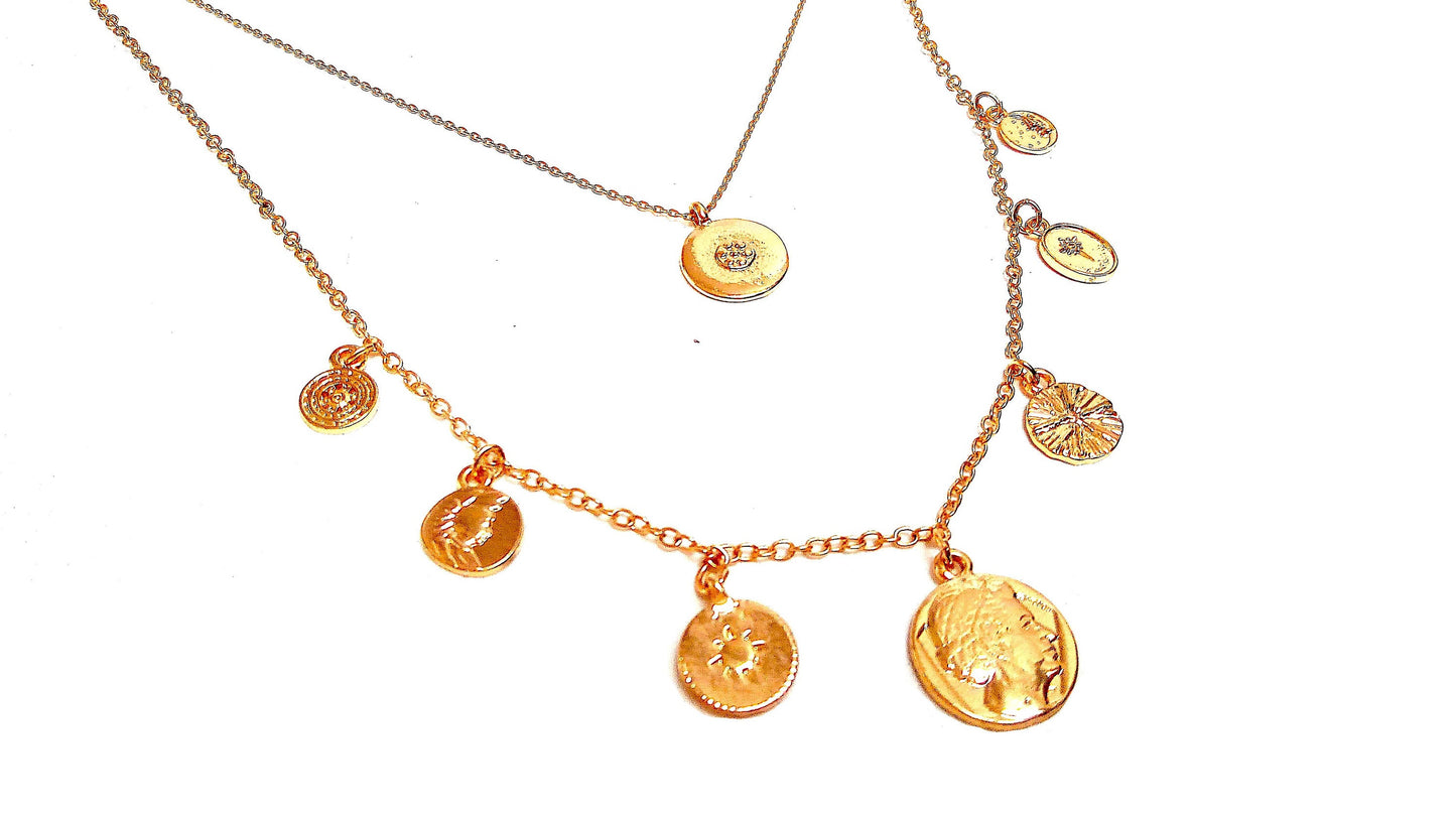 Necklace 2 rows medals gilded fine gold