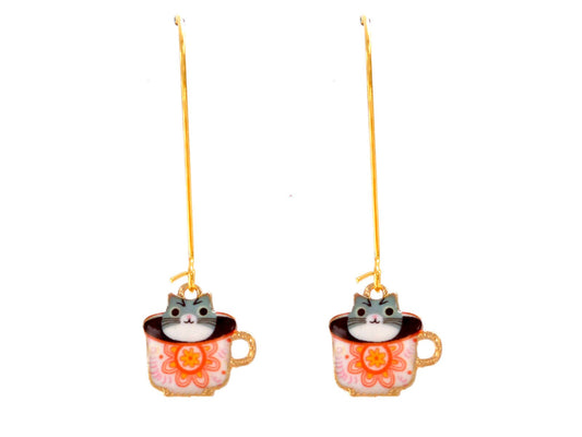 Enamel tea cat earrings