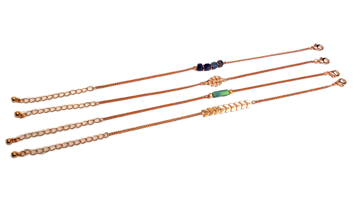 Stacking set of 4 thin TROPICAL brass adjustable bracelets