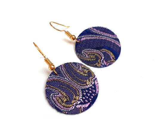 Midnight blue embroidered fabric earrings