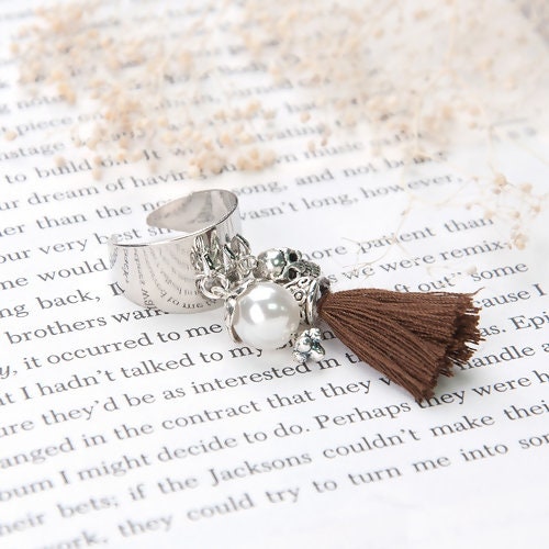 Bohemian ring with pearl tassel charms