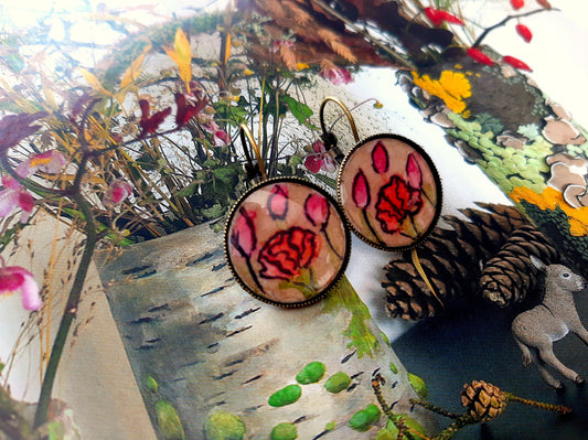 Hand painted watercolor poppy cabochon stud earrings