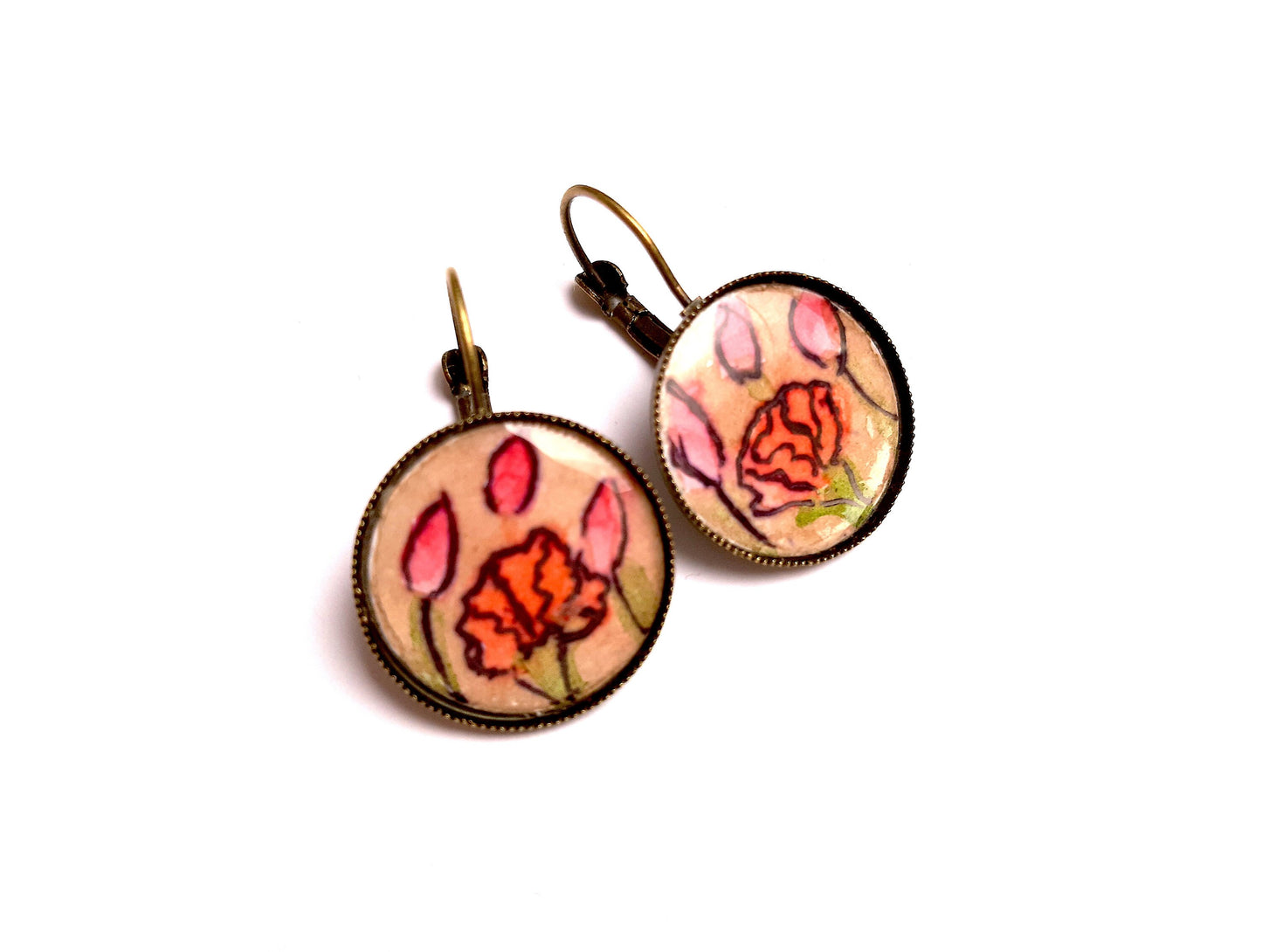 Hand painted watercolor poppy cabochon stud earrings