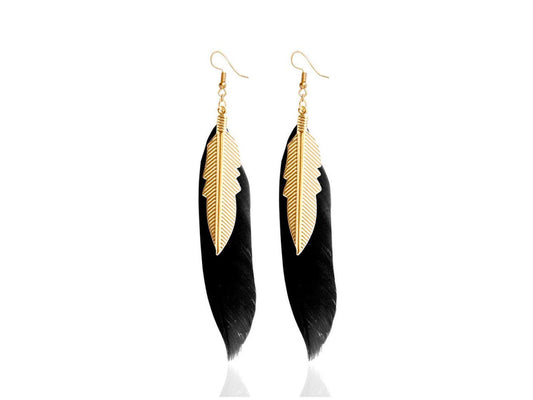 Black feather and brass earrings