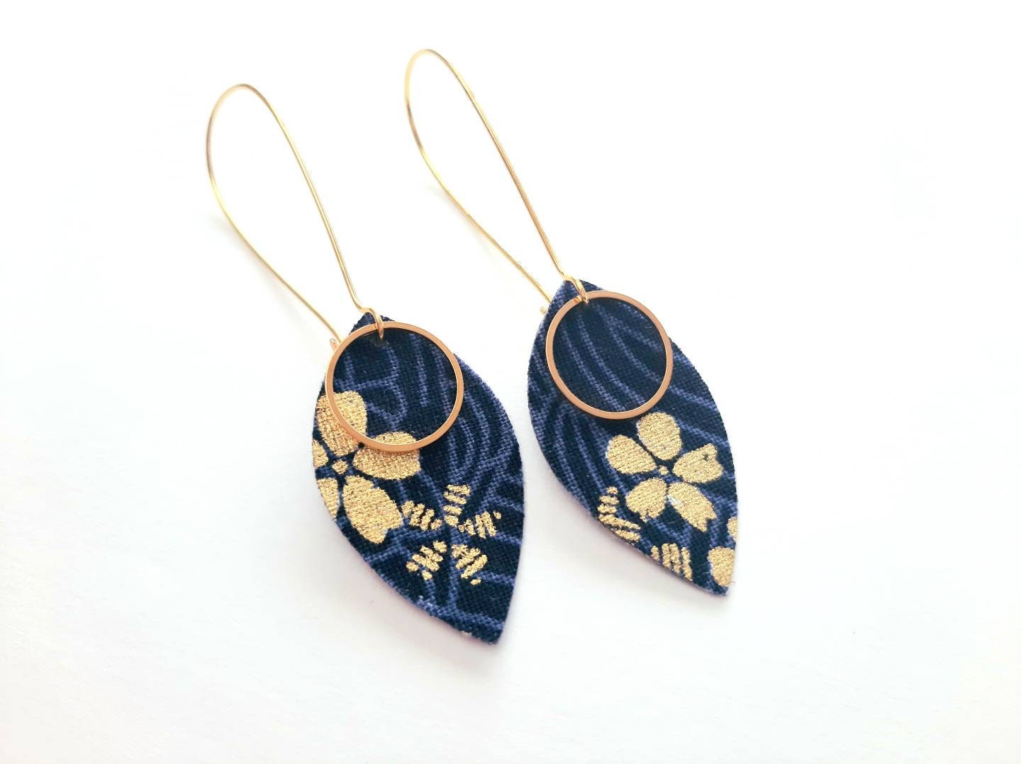 Japanese fabric petal earrings, navy and gold flowers, women's gift, women's jewelry, birthday, wedding, bride