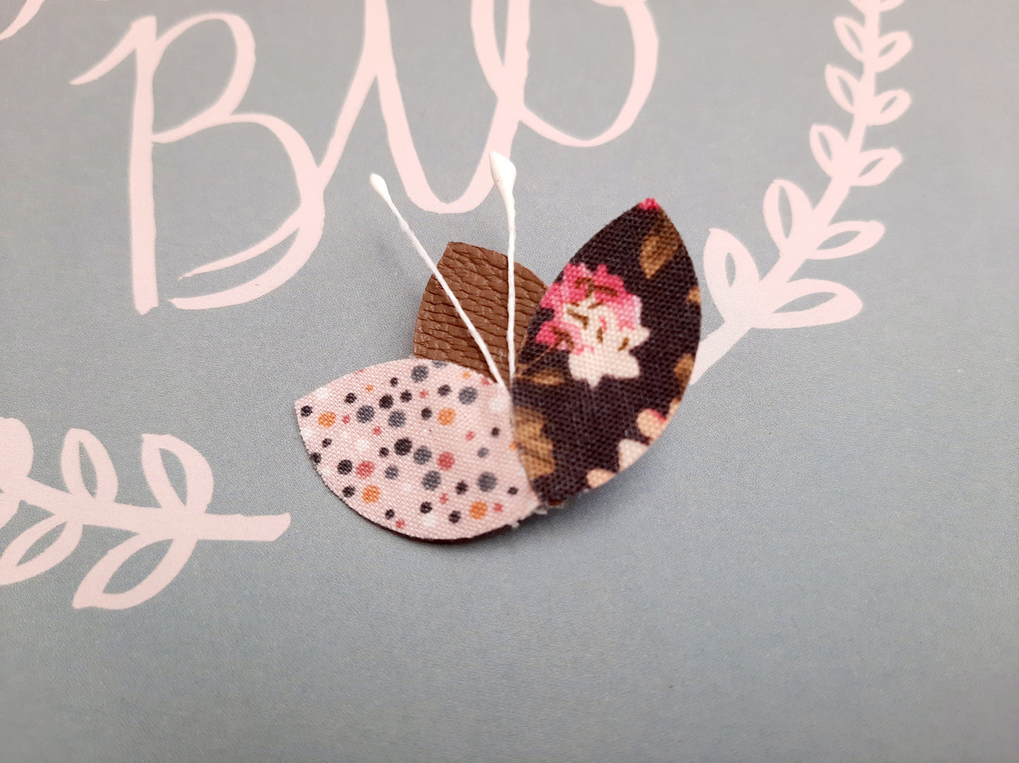 Brooch petals of leather and fabric flowers polka dots lotus, woman gift, birthday, wedding, bride