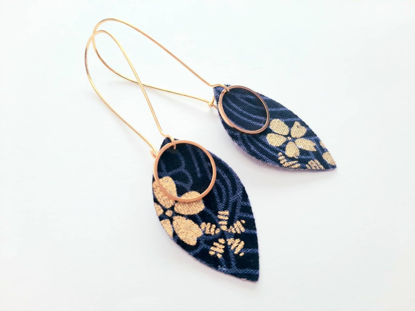 Japanese fabric petal earrings, navy and gold flowers, women's gift, women's jewelry, birthday, wedding, bride