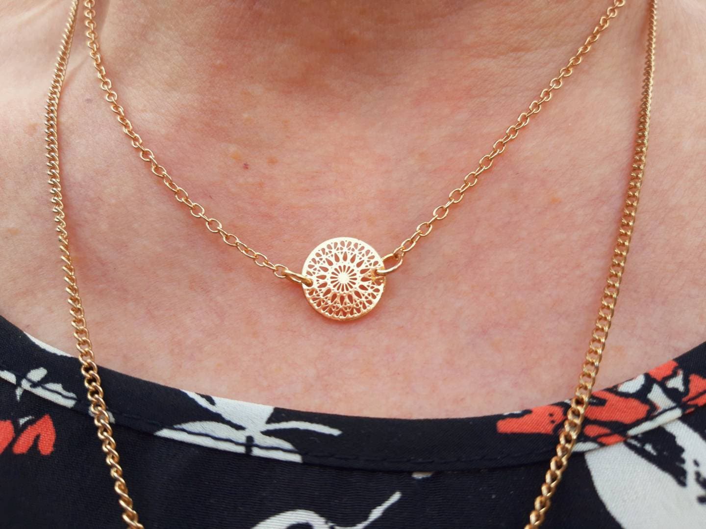 Adjustable fine gold necklace Chakra balance, well-being, zen rosette filigree, yoga, mandala