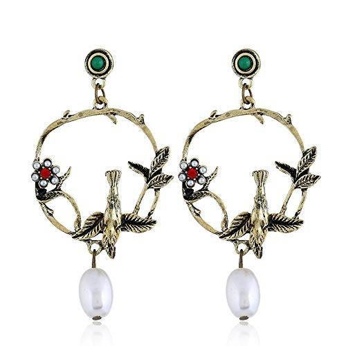 Boucles d'oreilles pendantes oiseau et perles