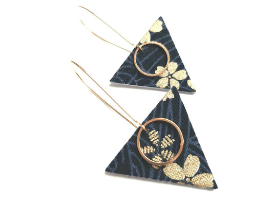 Boucles d'oreilles triangles cuir et tissu japonais