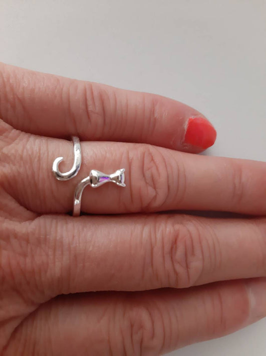 Adjustable cat 925 silver ring