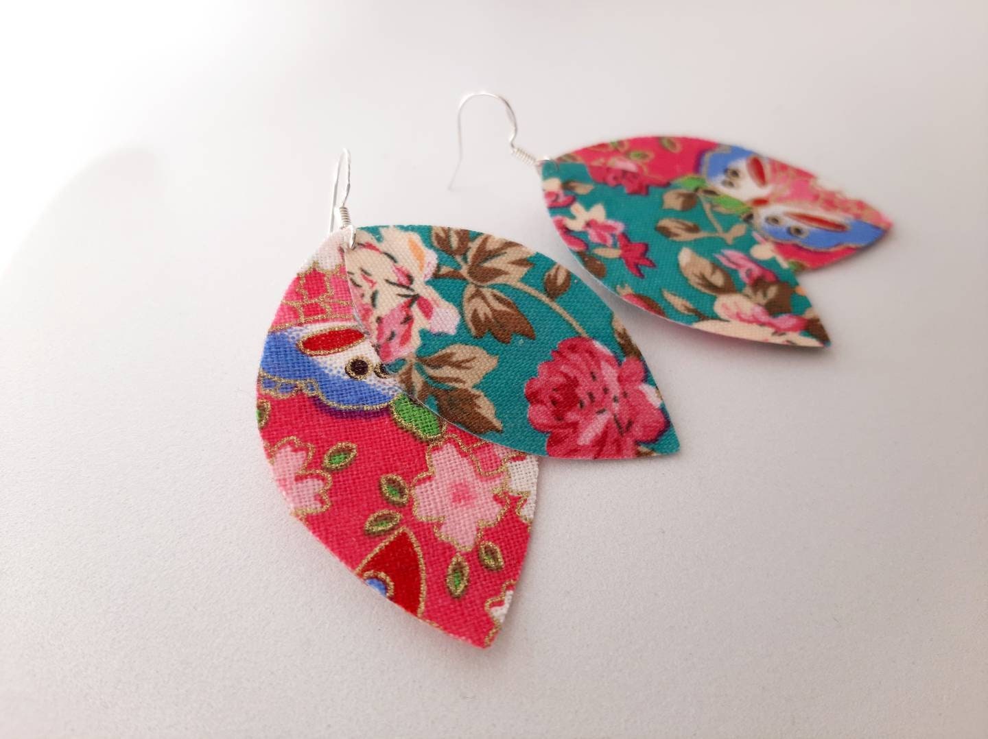 925 silver earrings AKEMI two-sided fabric shuttle leaves, large model