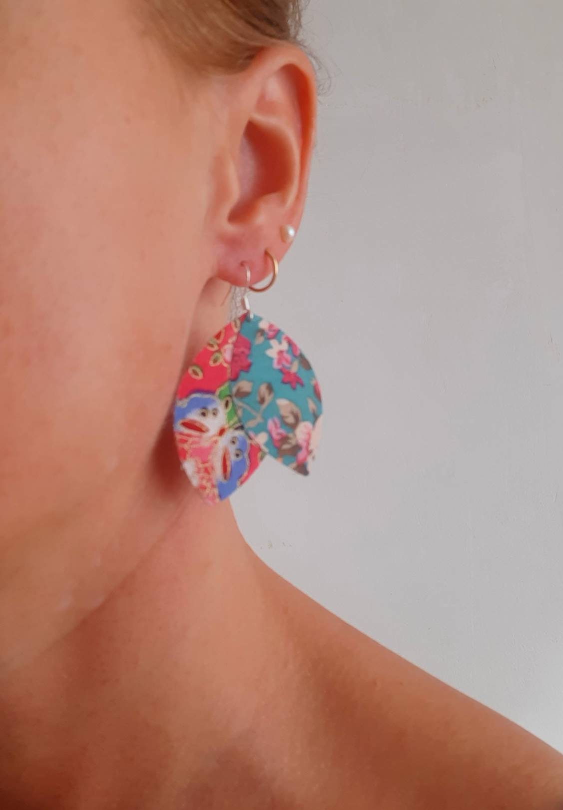 925 silver earrings AKEMI two-sided fabric shuttle leaves, large model