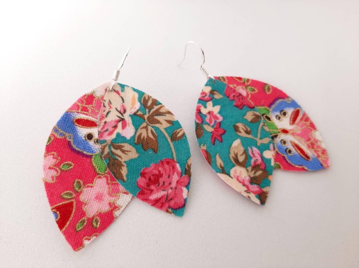 925 silver earrings AKEMI two-sided fabric shuttle leaves, large model