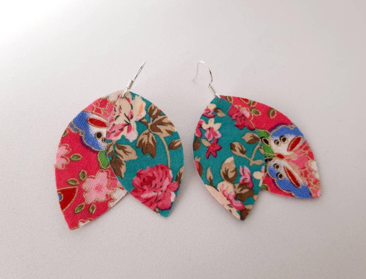 925 silver earrings AKEMI two-sided fabric shuttle leaves, large model